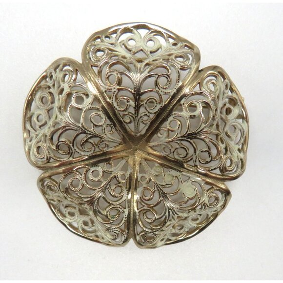 Vintage Flower Brooch 2" White Washed Filigree Gold Tone Metal Domed Petals - Picture 2 of 12